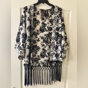 Black and White Floral Kimono with Fringe